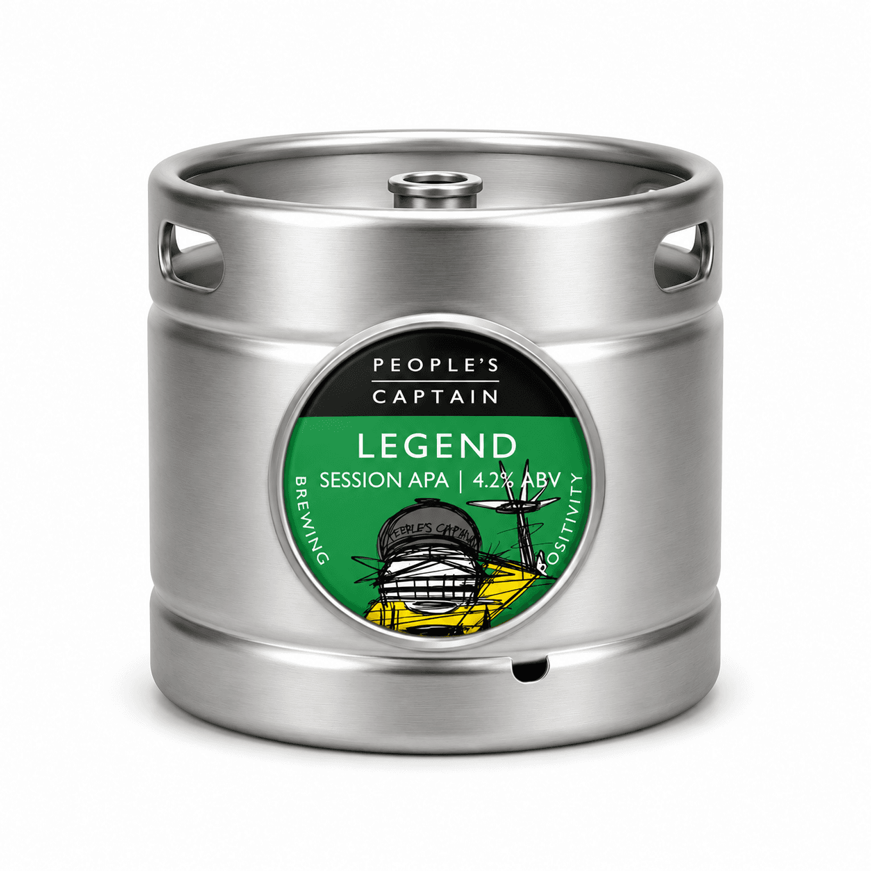 Stainless steel beer keg with green and yellow circular label for People's Captain Legend Session APA 4.2% ABV
