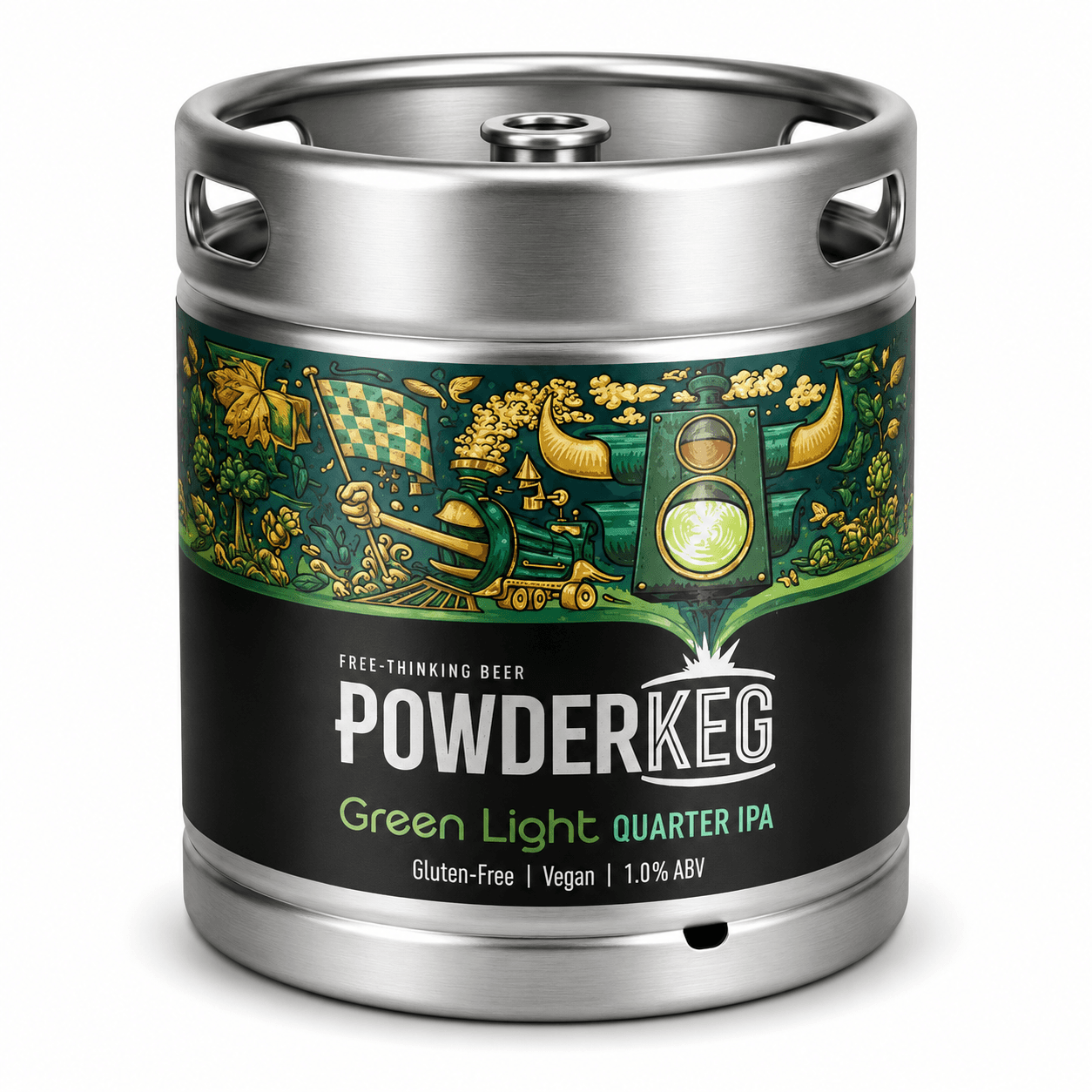 A stainless steel beer keg with decorative green and gold label featuring ornate illustrations, branded as Powder Keg Green Light Quarter IPA