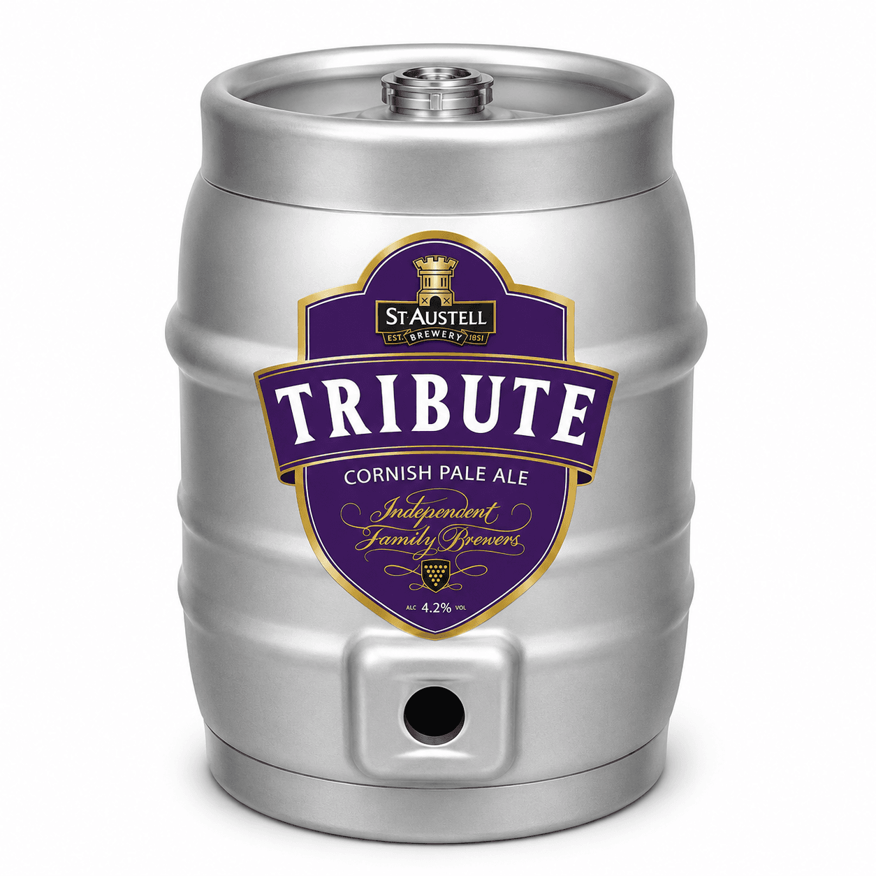 Silver metal beer keg with purple and gold St Austell Tribute Cornish Pale Ale label featuring tower logo and 4.2% alcohol content marking