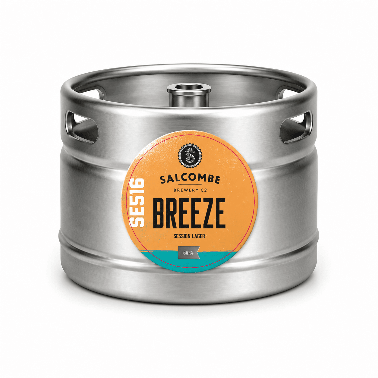 Stainless steel beer keg with orange and teal label for Salcombe Brewery Breeze Session Lager