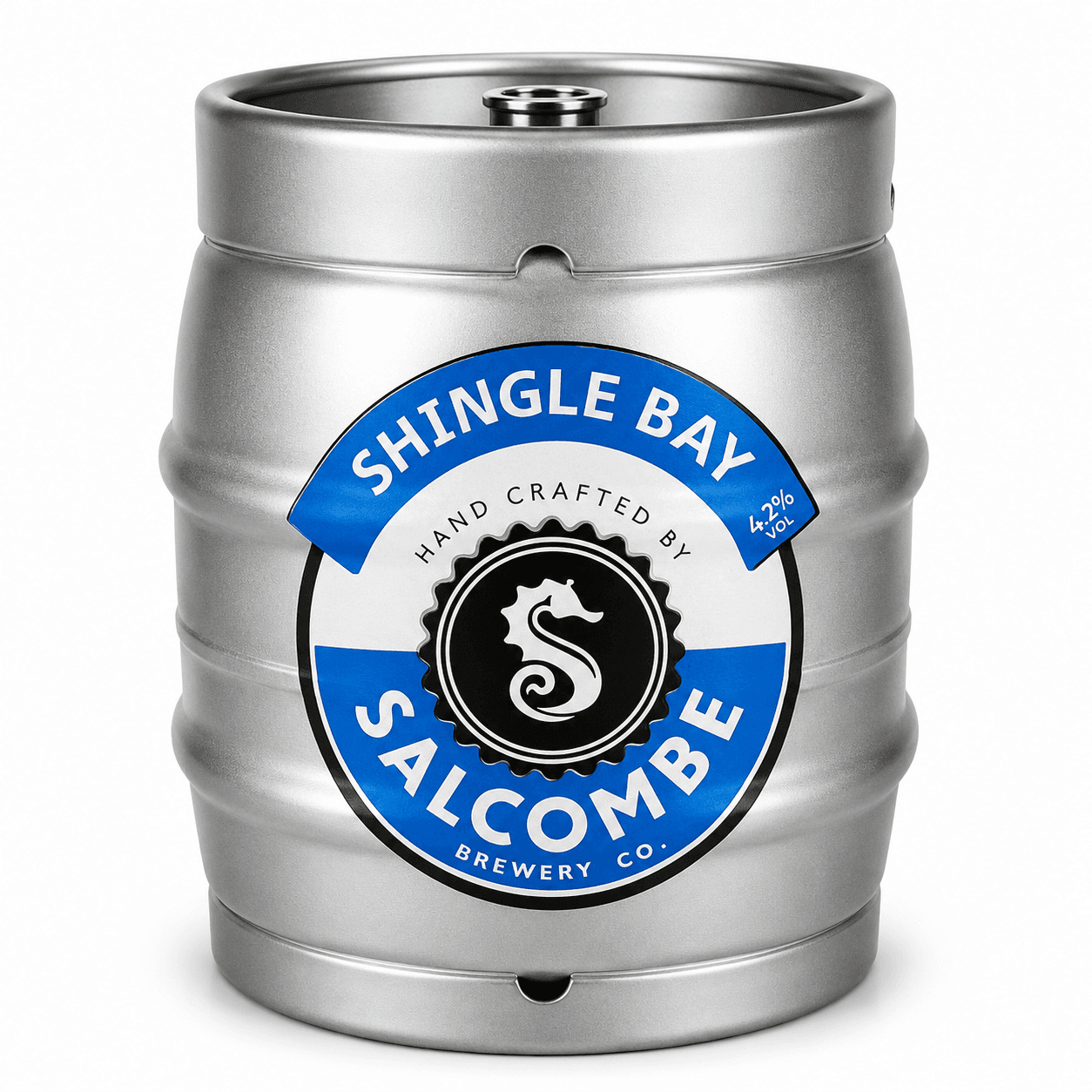 Silver metal keg with blue and white Shingle Bay Salcombe Brewery Co. label featuring a seahorse logo and 4.2% ABV marking