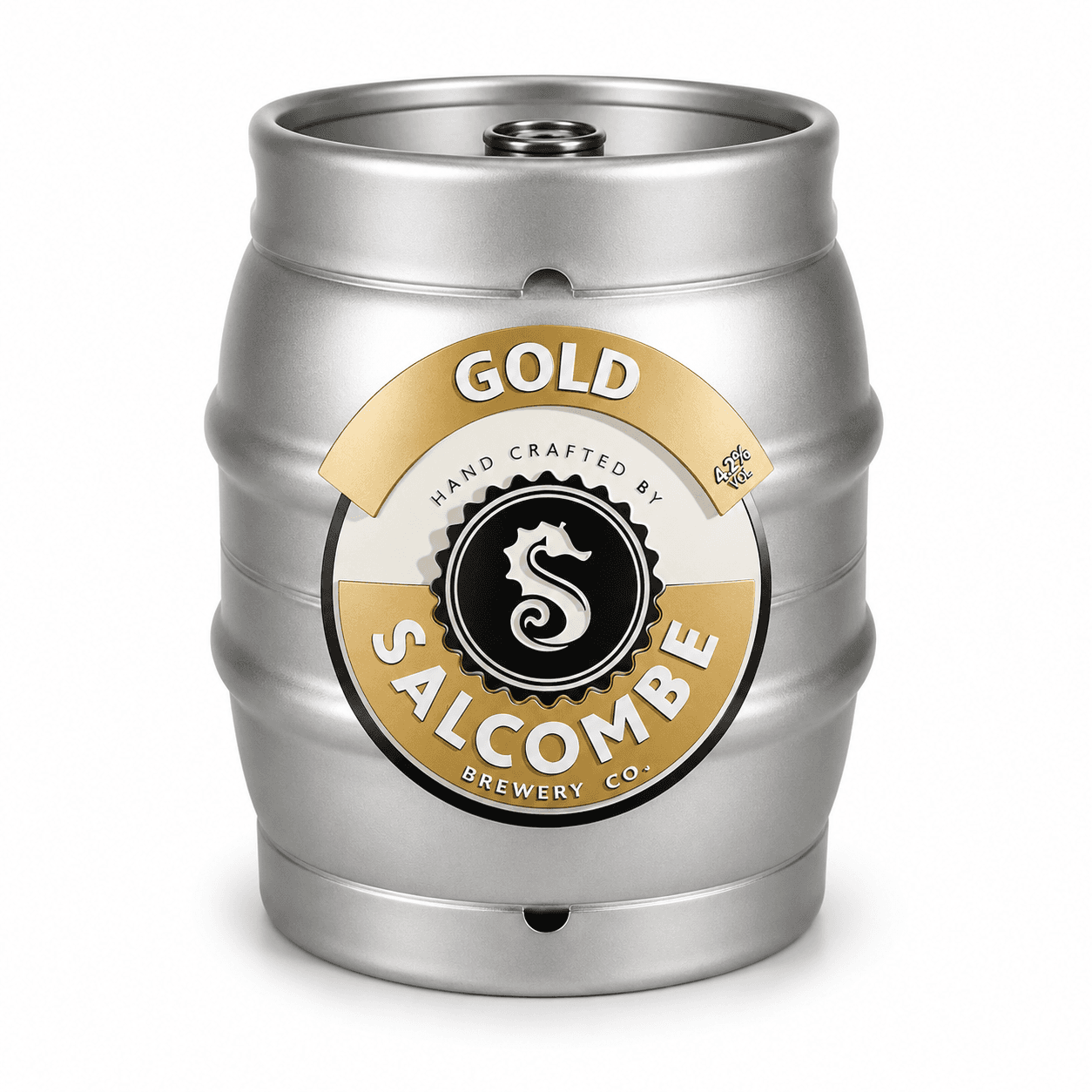 A silver metal beer keg featuring a gold and black Salcombe Brewery Co. label with a seahorse logo, displayed against a white background.