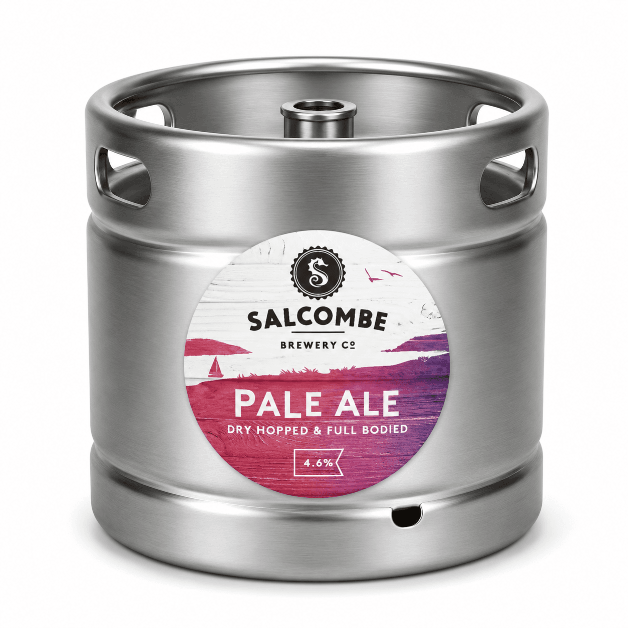 Stainless steel beer keg with white and pink label for Salcombe Brewery Co Pale Ale, dry hopped and full bodied, 4.6% ABV.
