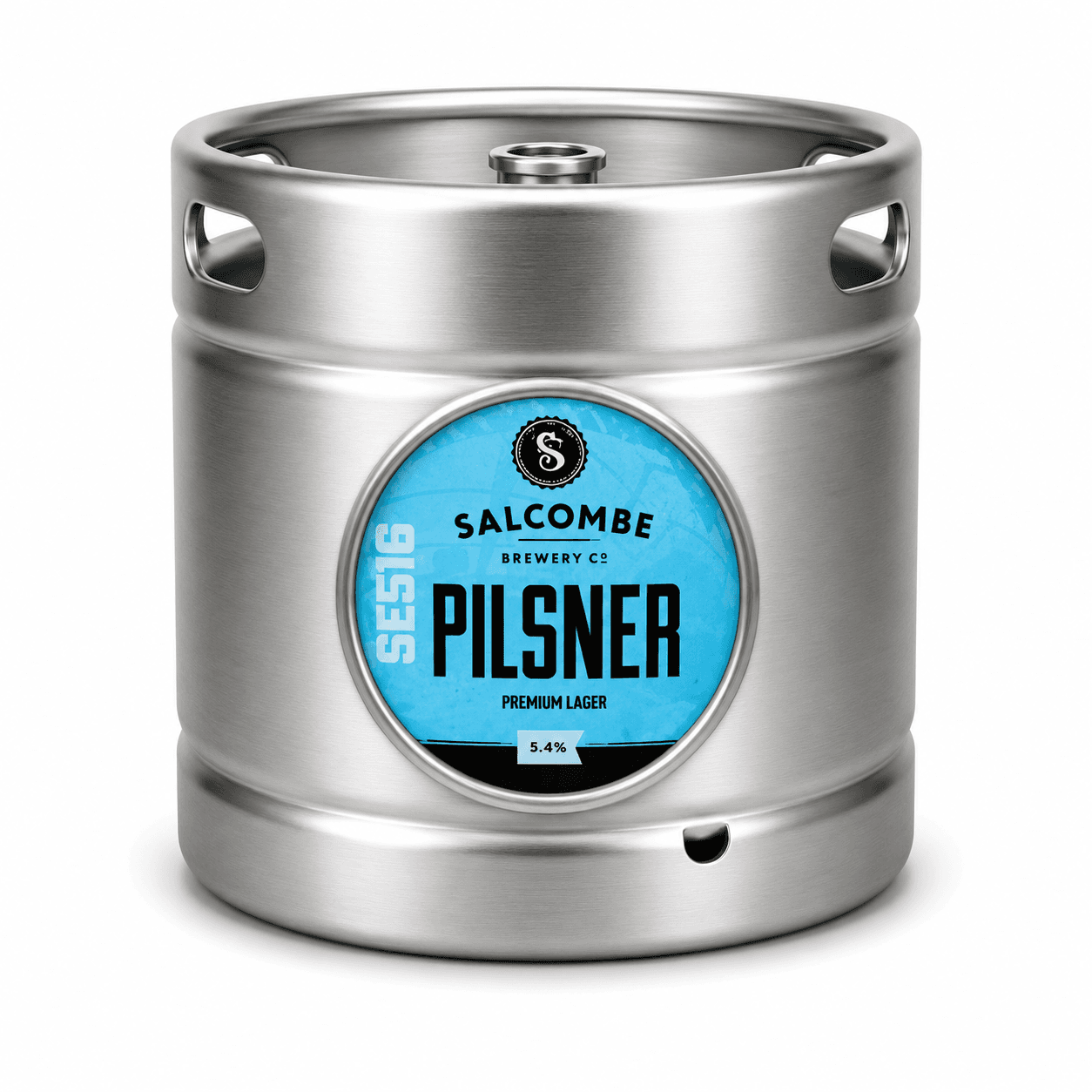 Stainless steel keg with blue and black Salcombe Brewery Pilsner label showing 5.4% alcohol content
