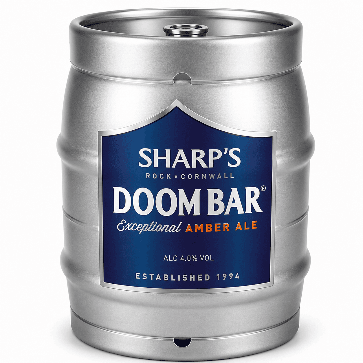 Metallic silver beer keg featuring Sharp's Doom Bar Exceptional Amber Ale label with dark blue background, 4.0% ABV, established 1994