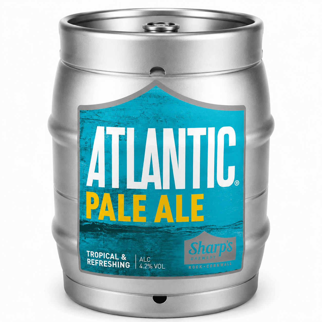Silver metal keg with turquoise label for Atlantic Pale Ale by Sharps Brewery, featuring white and yellow text on a water-themed background.
