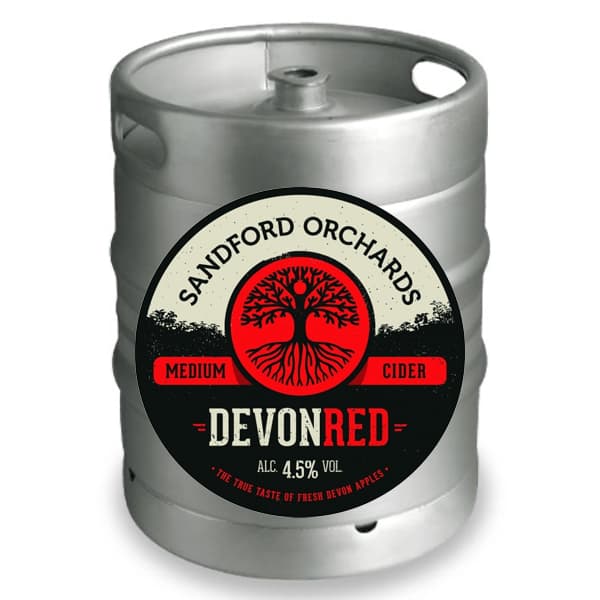 A metallic silver keg with a black and cream circular label featuring a red tree logo for Sandford Orchards Devon Red Medium Cider, 4.5% alcohol by volume.