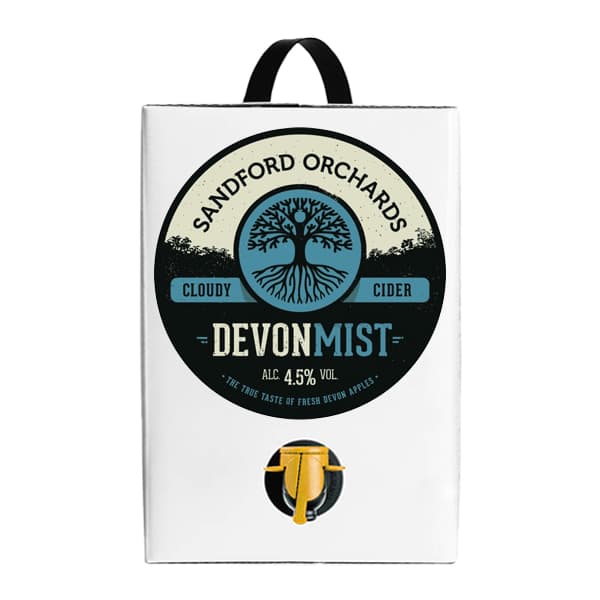 White cardboard bag-in-box containing Sandford Orchards Devon Mist cloudy cider with a circular label featuring a tree logo and tap dispenser at the bottom