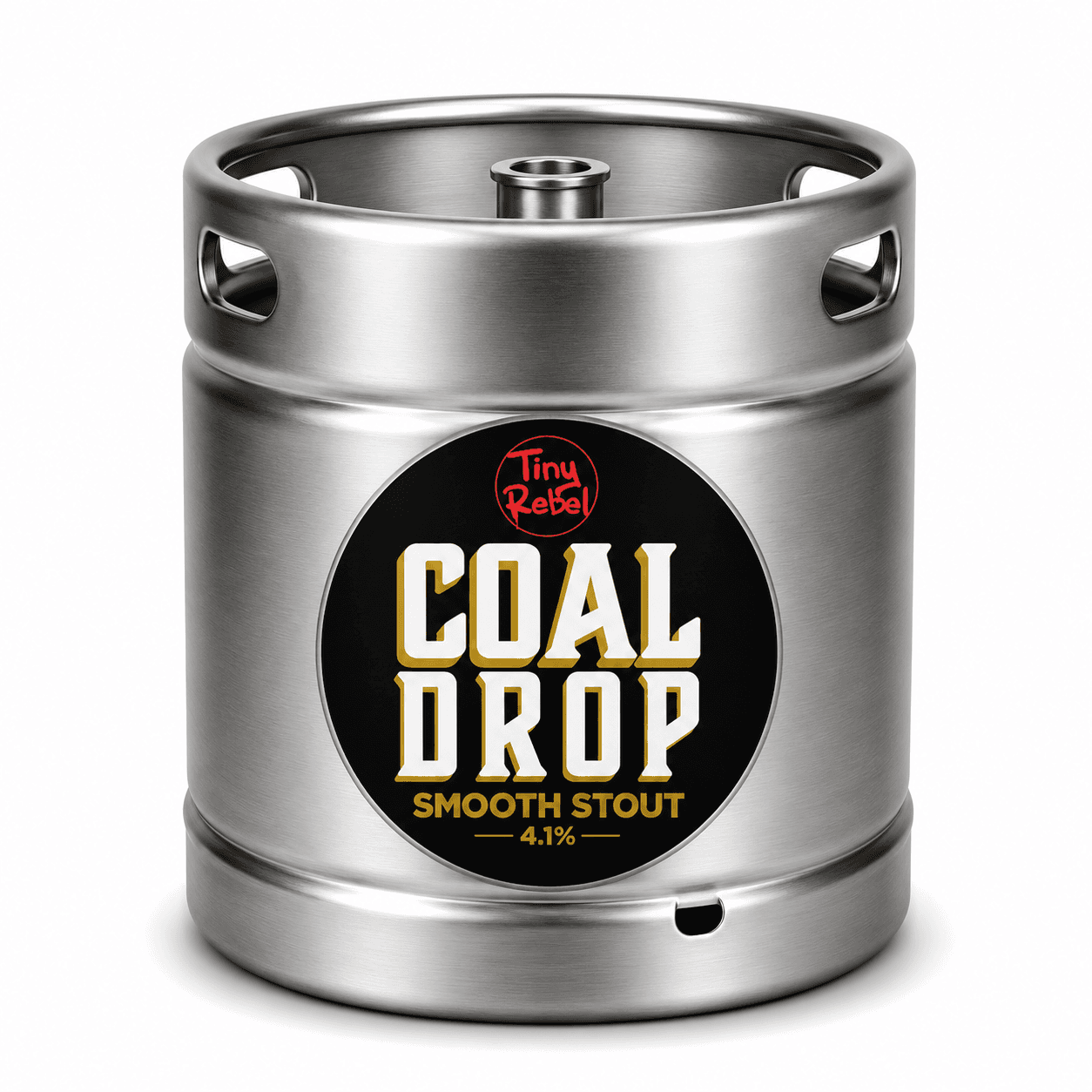 Stainless steel beer keg with black circular label reading 'Tiny Rebel Coal Drop Smooth Stout 4.1%'