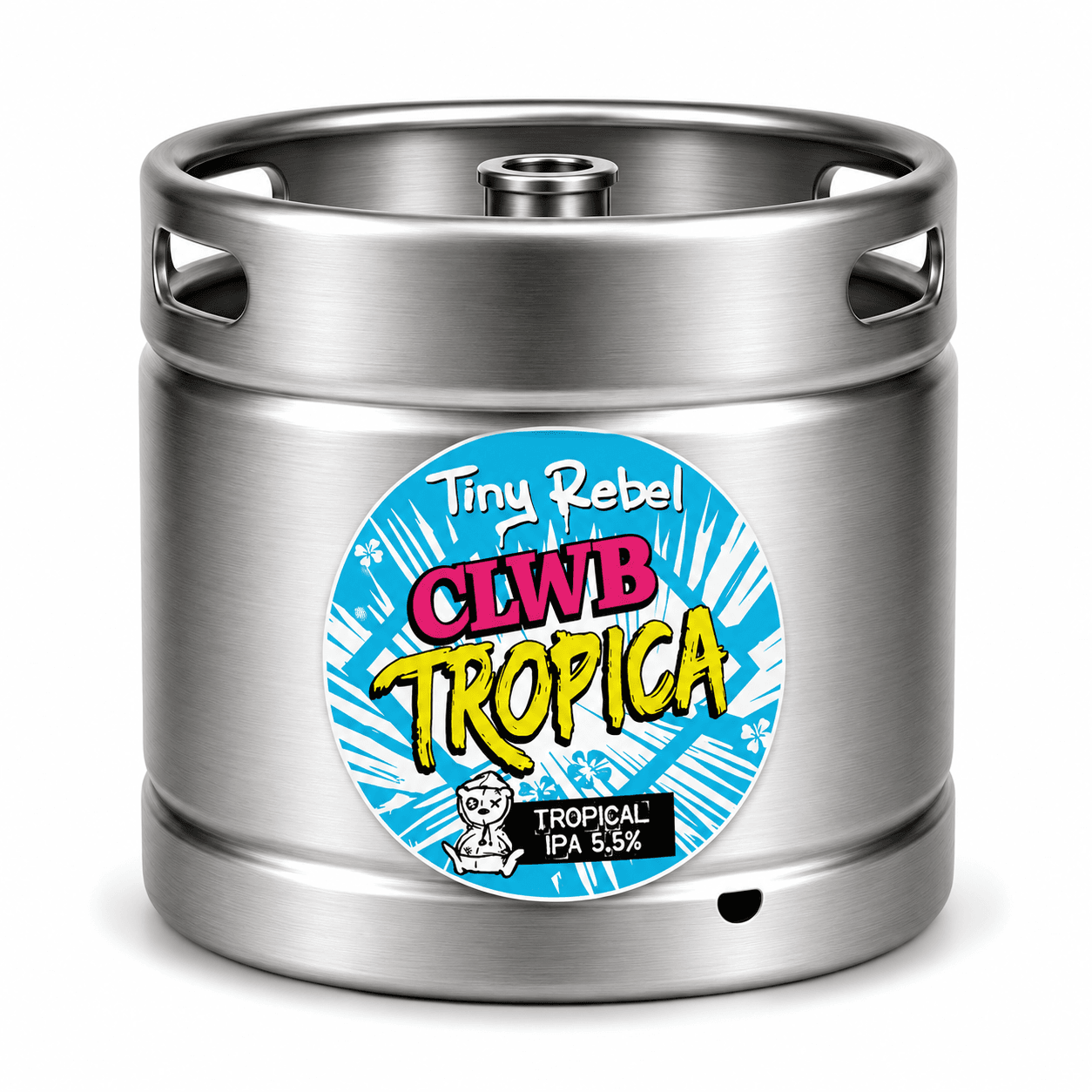 Stainless steel beer keg with a blue and colourful label for Tiny Rebel Cwlb Tropica Tropical IPA 5.5%