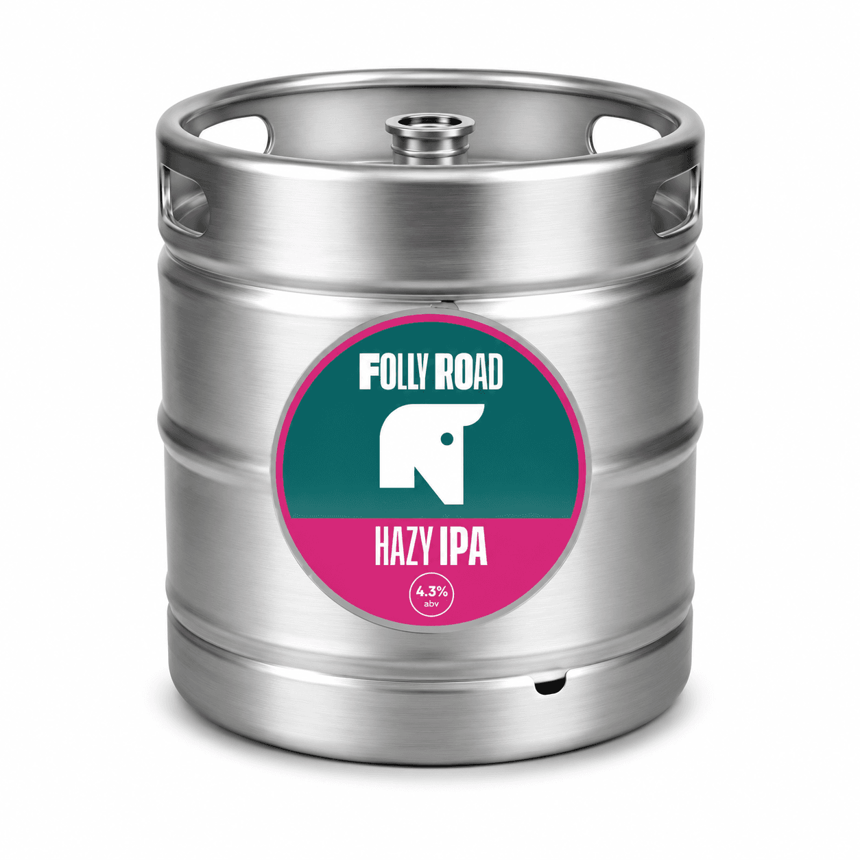 Stainless steel keg with Folly Road Hazy IPA label featuring teal and magenta branding and 4.3% ABV on white background