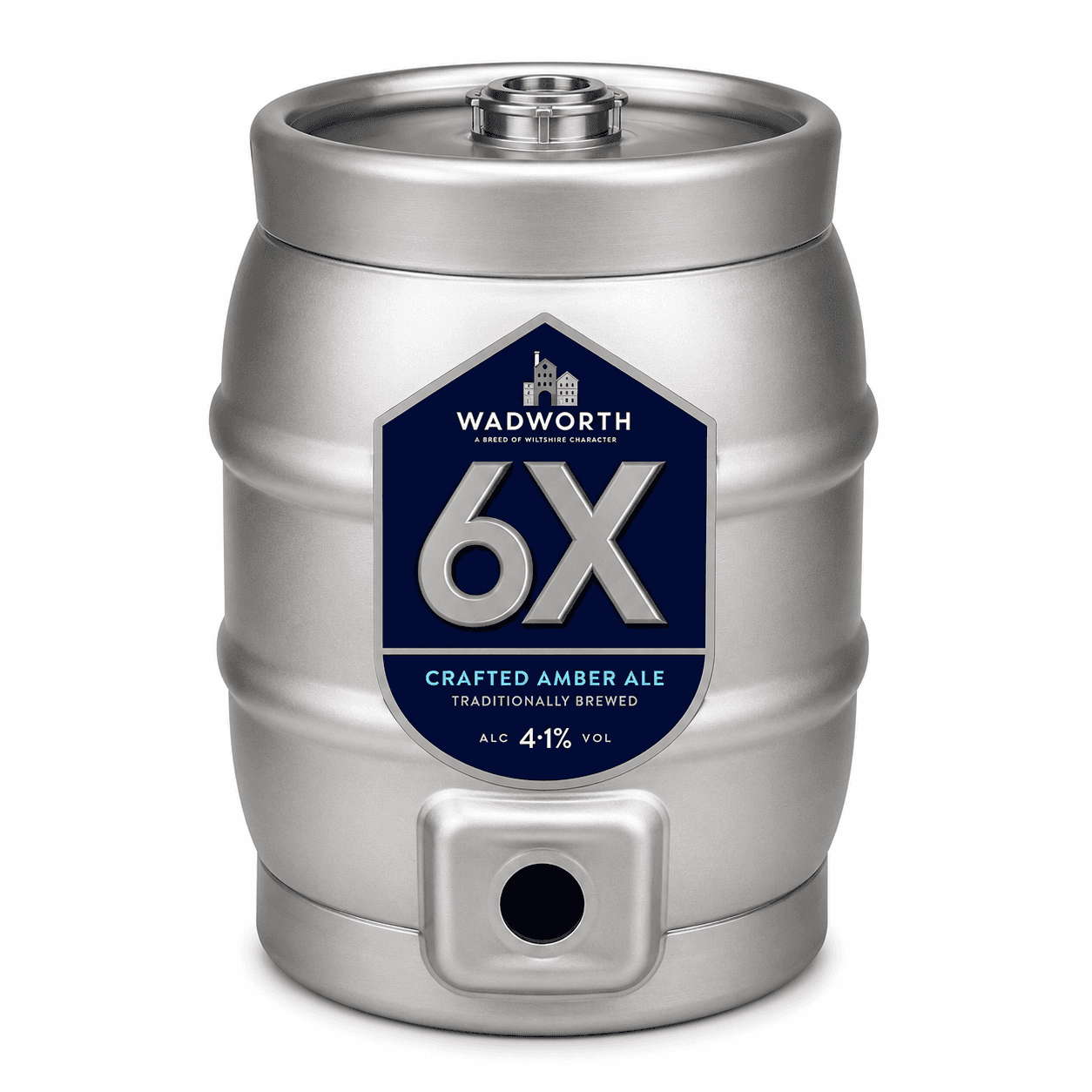 A silver metal keg of Wadworth 6X Crafted Amber Ale with a dark blue label featuring the 6X branding and product details against a white background.