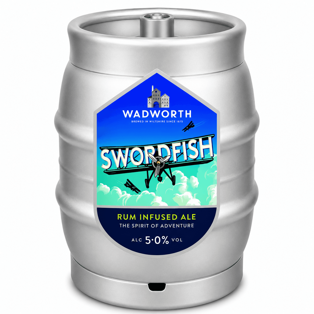 Silver metal beer keg with blue and green label showing Wadworth Swordfish branding and vintage aircraft imagery