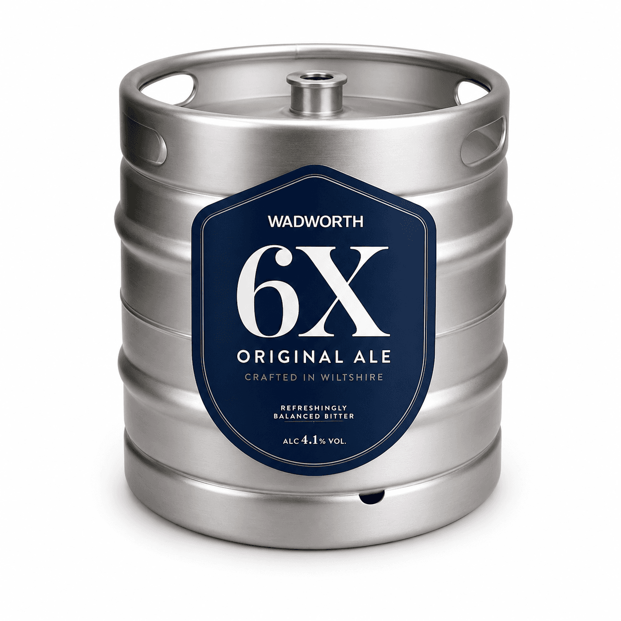 A stainless steel beer keg with a dark blue label for Wadworth 6X Original Ale, featuring white text and branding on a plain white background.