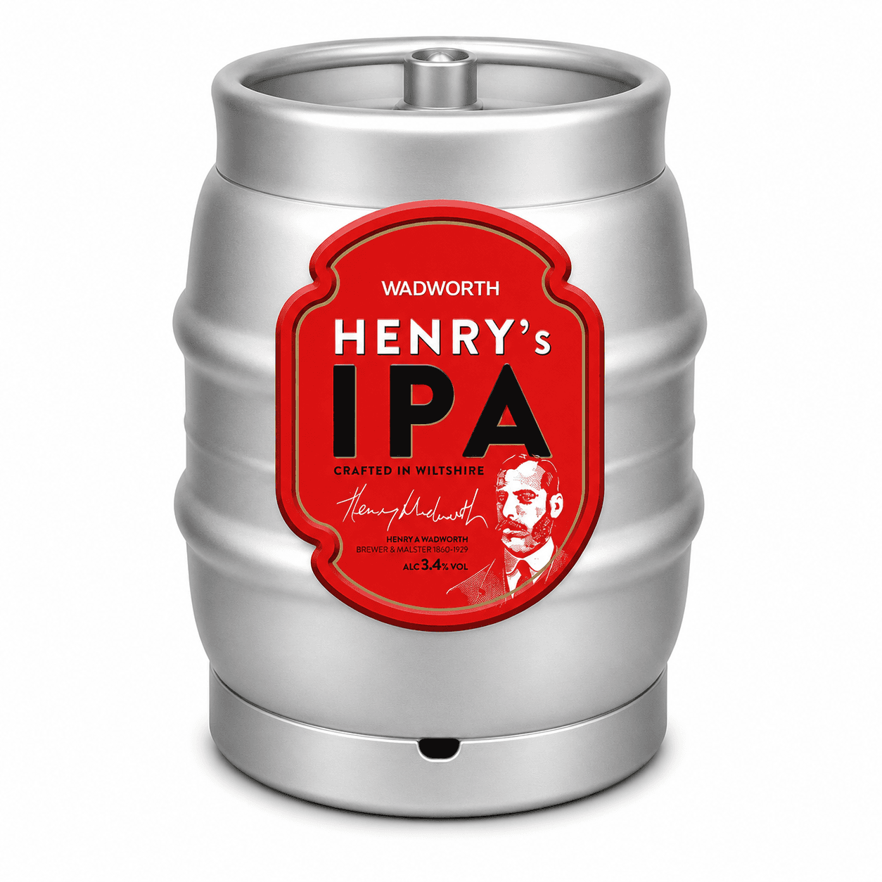 Silver metal beer keg with red label featuring Wadworth Henry's IPA branding, crafted in Wiltshire, 3.4% ABV