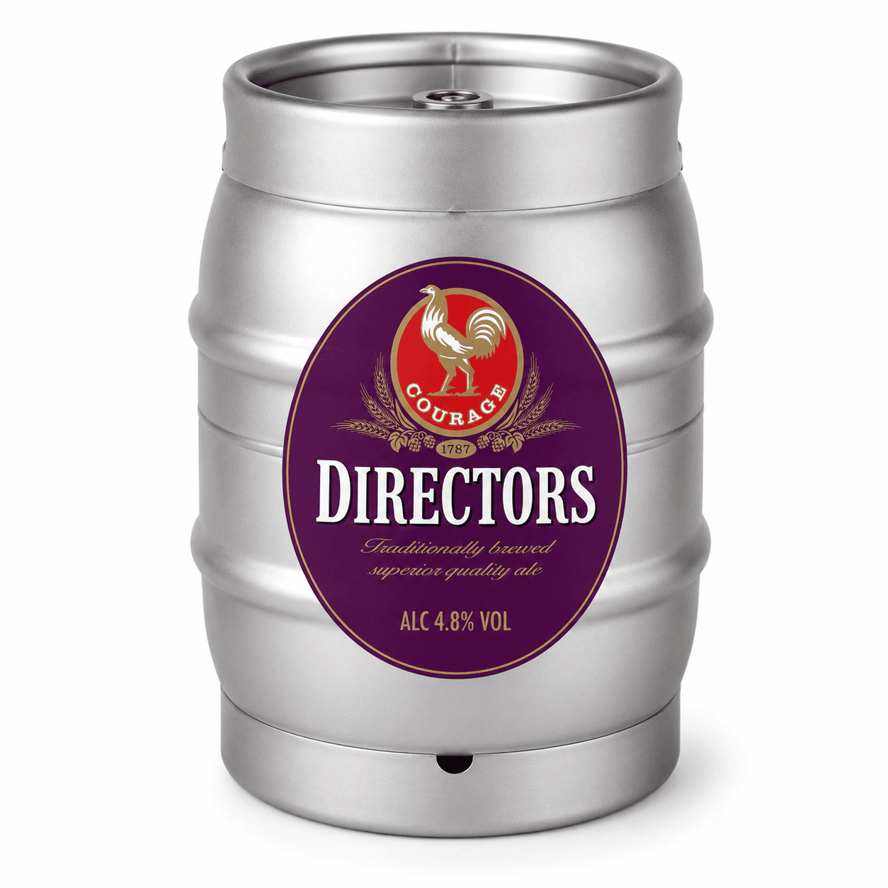 Silver metal keg of Directors traditionally brewed superior quality ale with purple and gold label featuring rooster logo