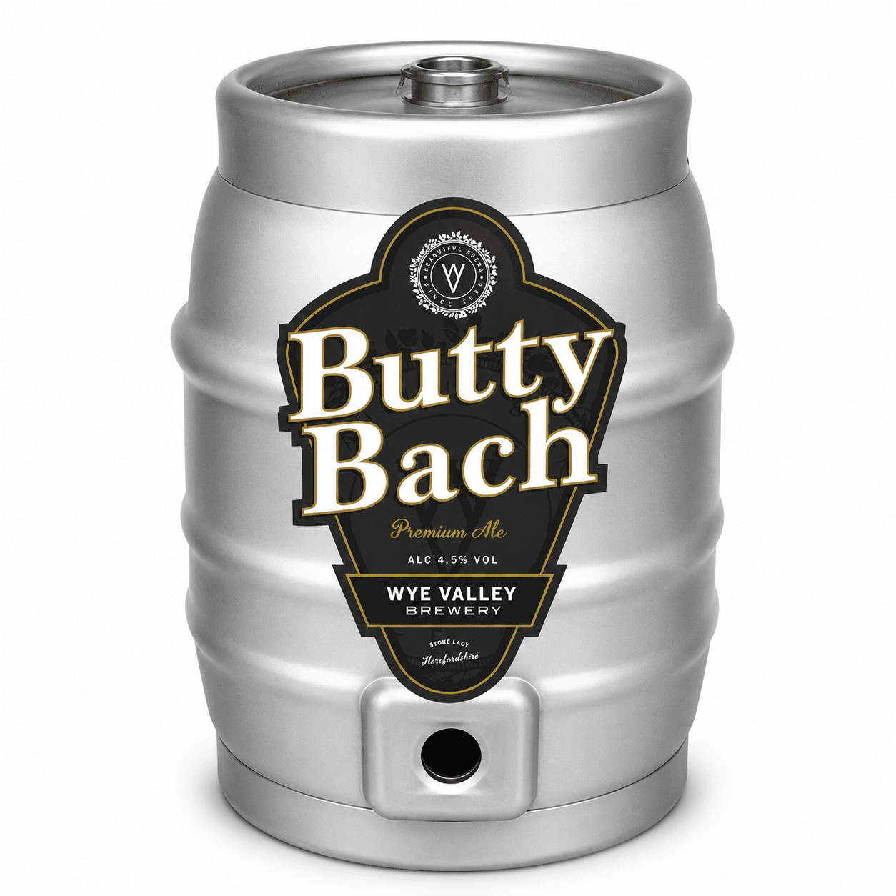 A silver metal beer keg with a black and gold label for Butty Bach Premium Ale from Wye Valley Brewery, 4.5% ABV, photographed against a white background.