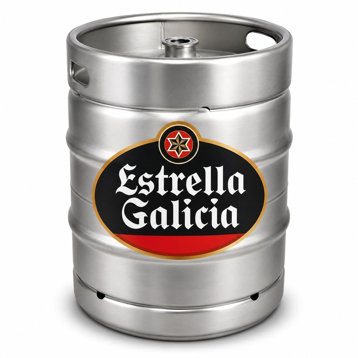 A silver metal beer keg with an Estrella Galicia label featuring white text, red and black colours, and a gold star emblem on a plain white background.