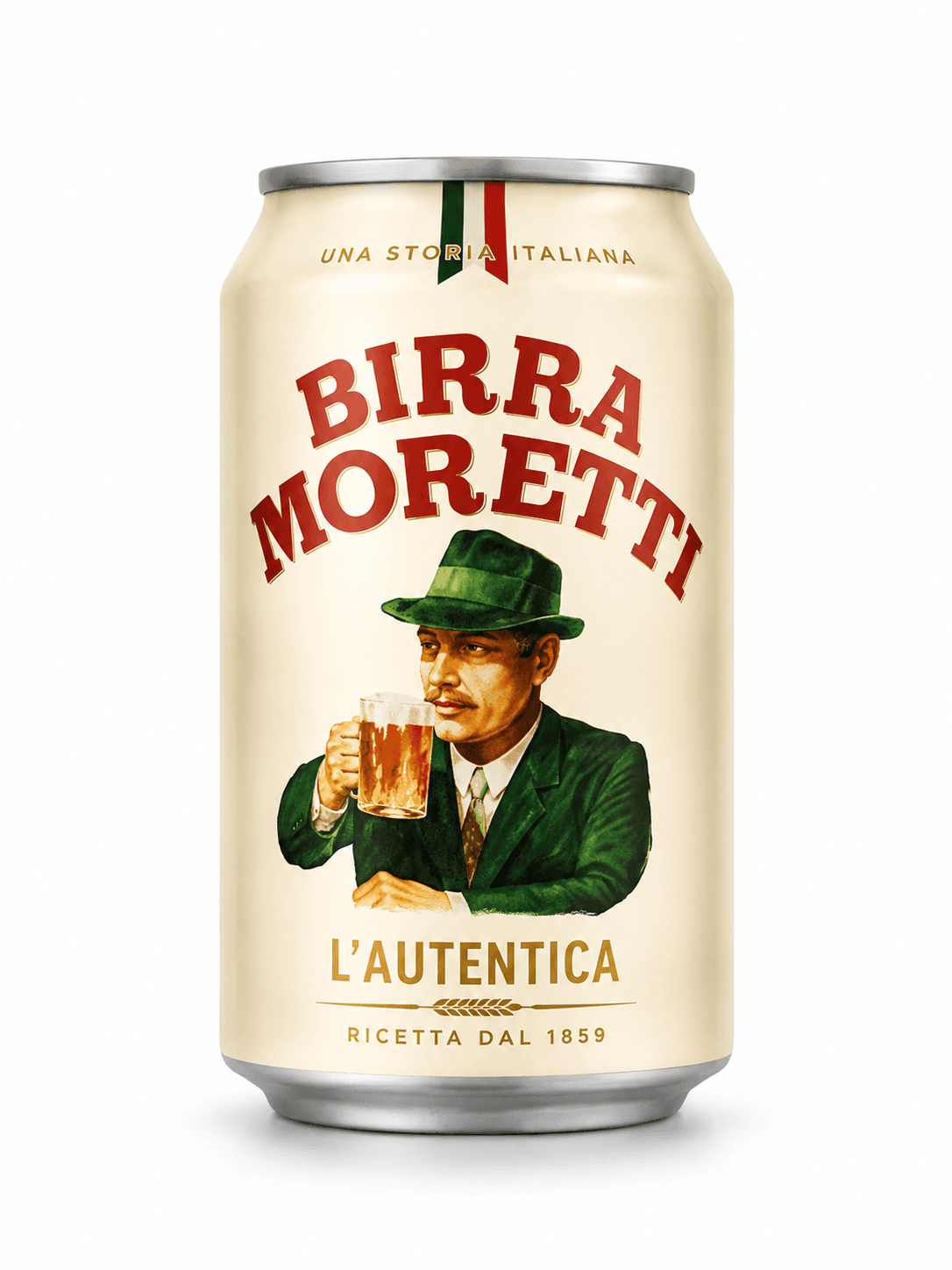 A can of Birra Moretti beer featuring a vintage illustration of a man in a green hat holding a glass of beer against a cream-coloured background.