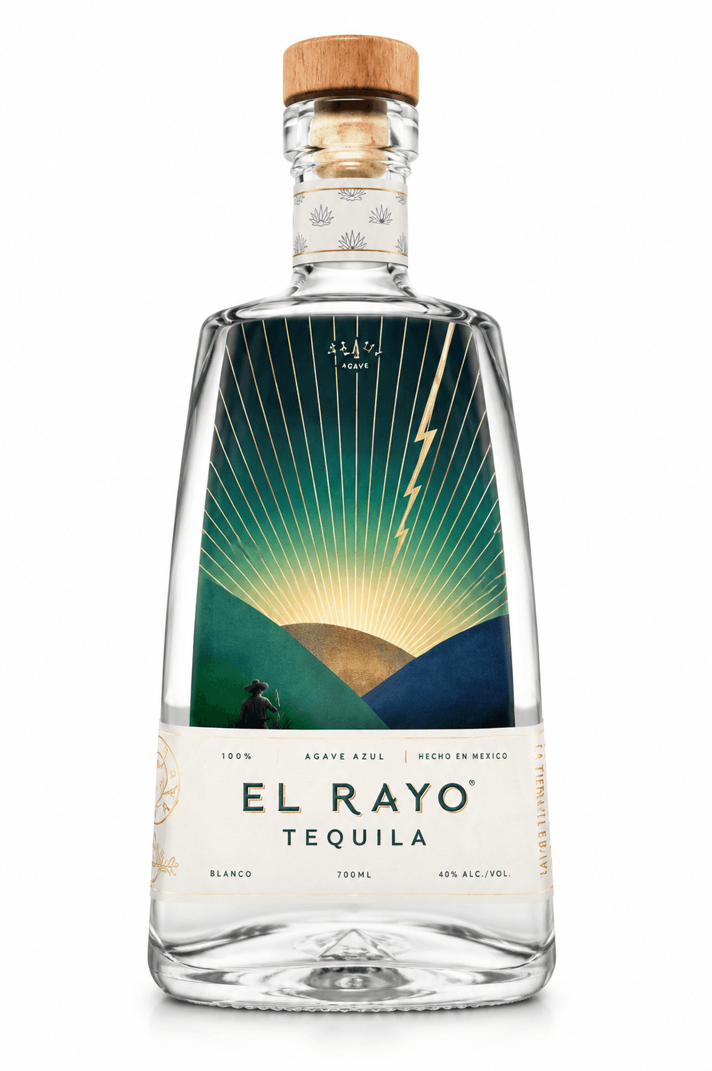 A 700ml bottle of El Rayo Tequila Blanco with a wooden cork closure, clear glass, and a striking teal and gold label featuring a radiating sun design against a white background.