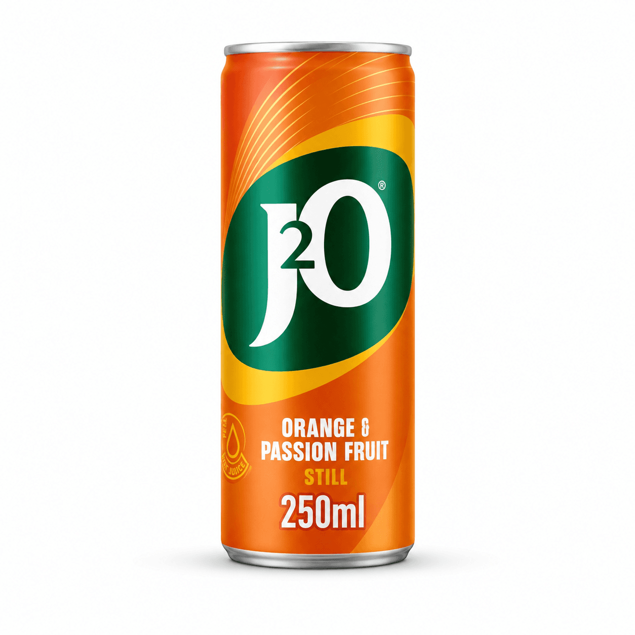 J20 branded beverage can with orange and passion fruit flavour on white background, 250ml size