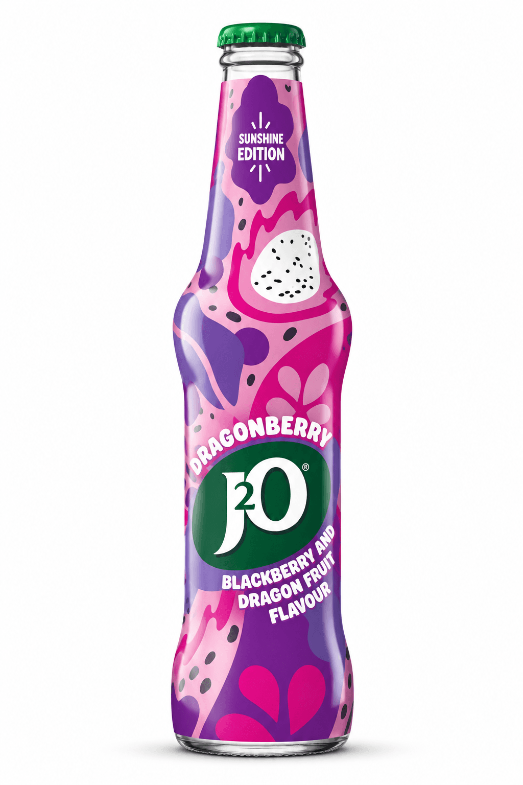 A vibrant J2O Dragonberry flavour bottle with purple, pink and magenta design featuring dragon fruit imagery and a green cap on a white background.