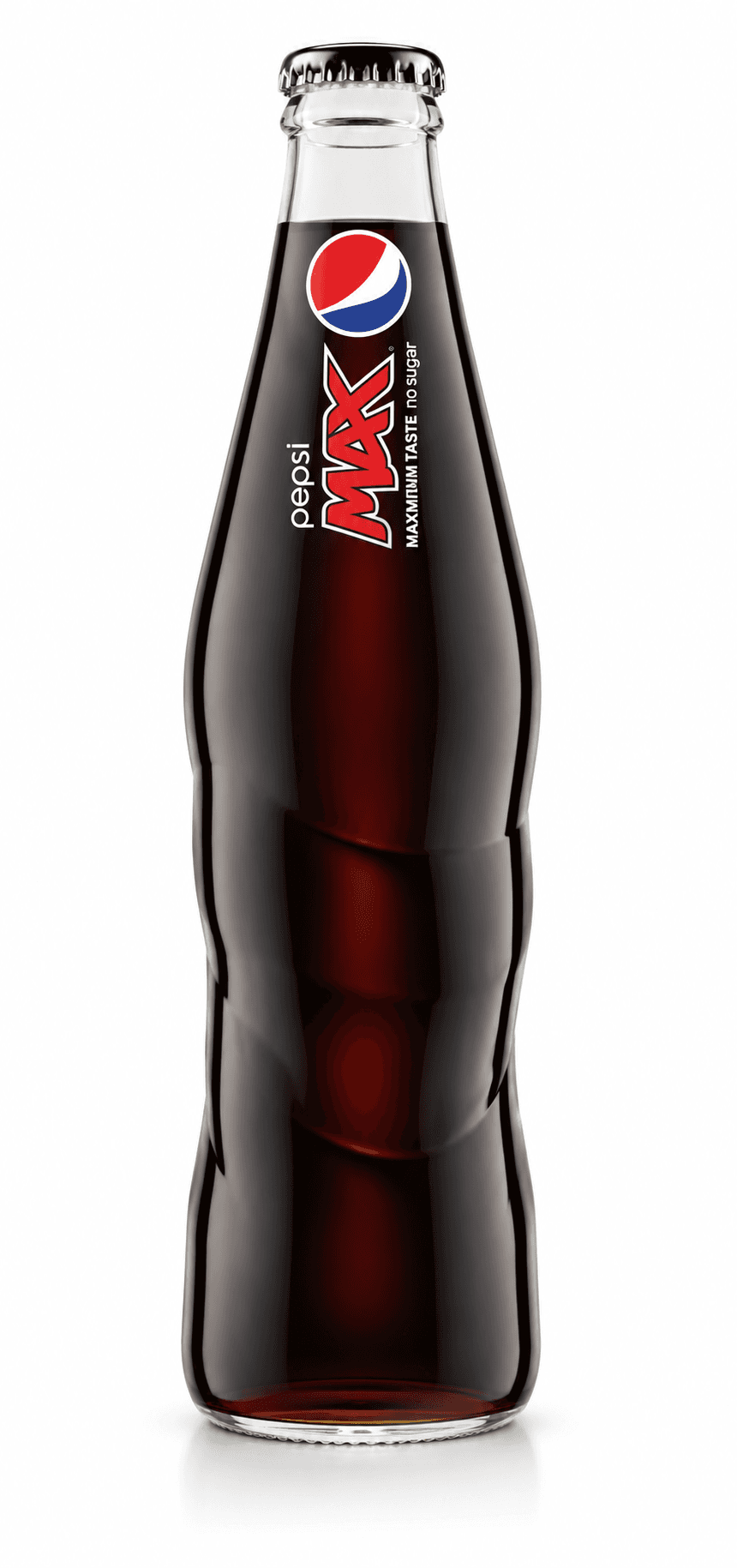 A clear glass bottle of Pepsi Max with dark cola liquid, featuring the iconic Pepsi globe logo and red Max branding on a white background.