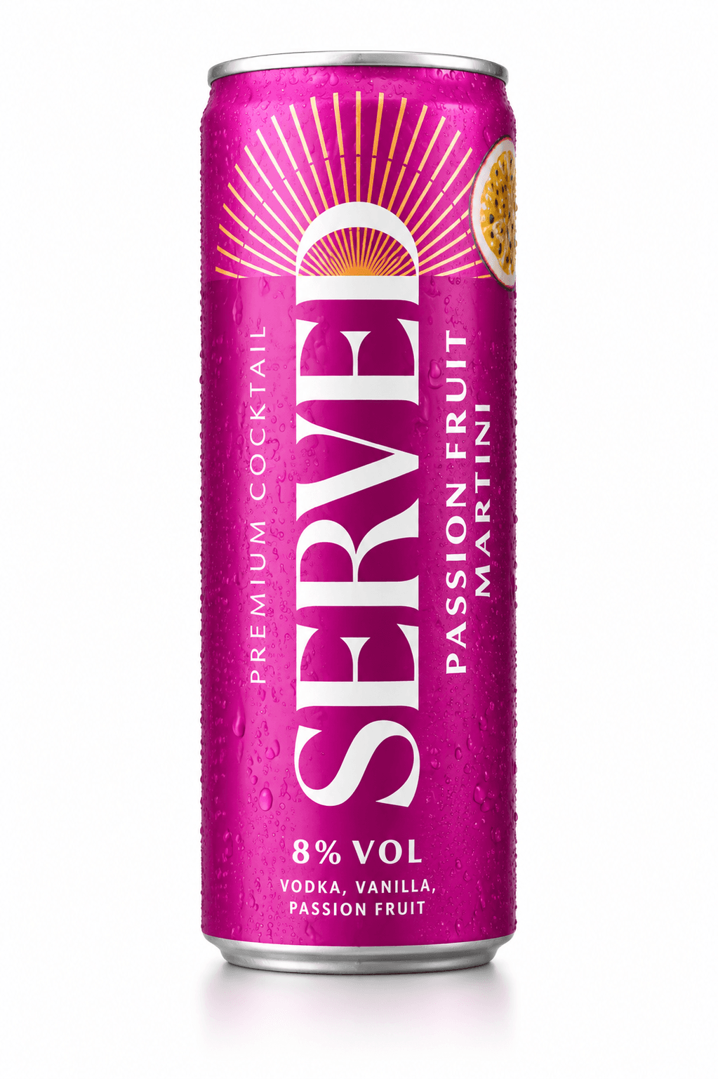 Magenta coloured aluminium can of Serva premium cocktail with passion fruit flavour, 8% ABV, featuring a minimalist sunburst logo design on a white background