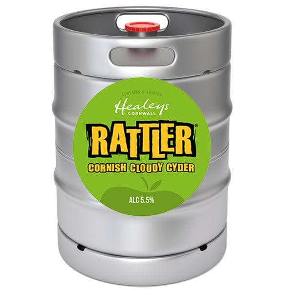 Silver metal keg with green circular label for Healeys Rattler Cornish Cloudy Cyder, 5.5% ABV, featuring red tap and handle on top