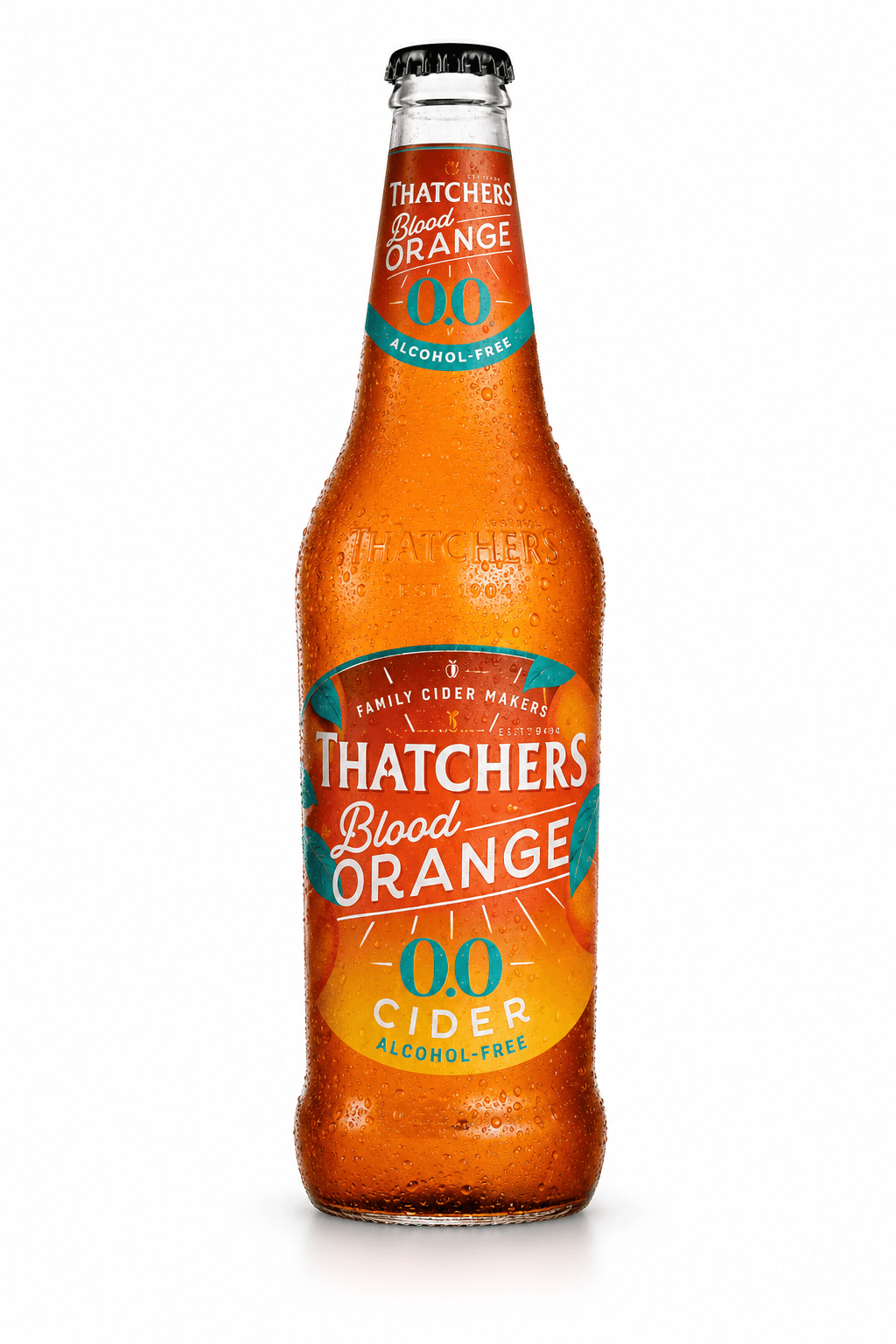 A bottle of Thatchers Blood Orange 0.0 alcohol-free cider with condensation droplets, displayed against a white background.