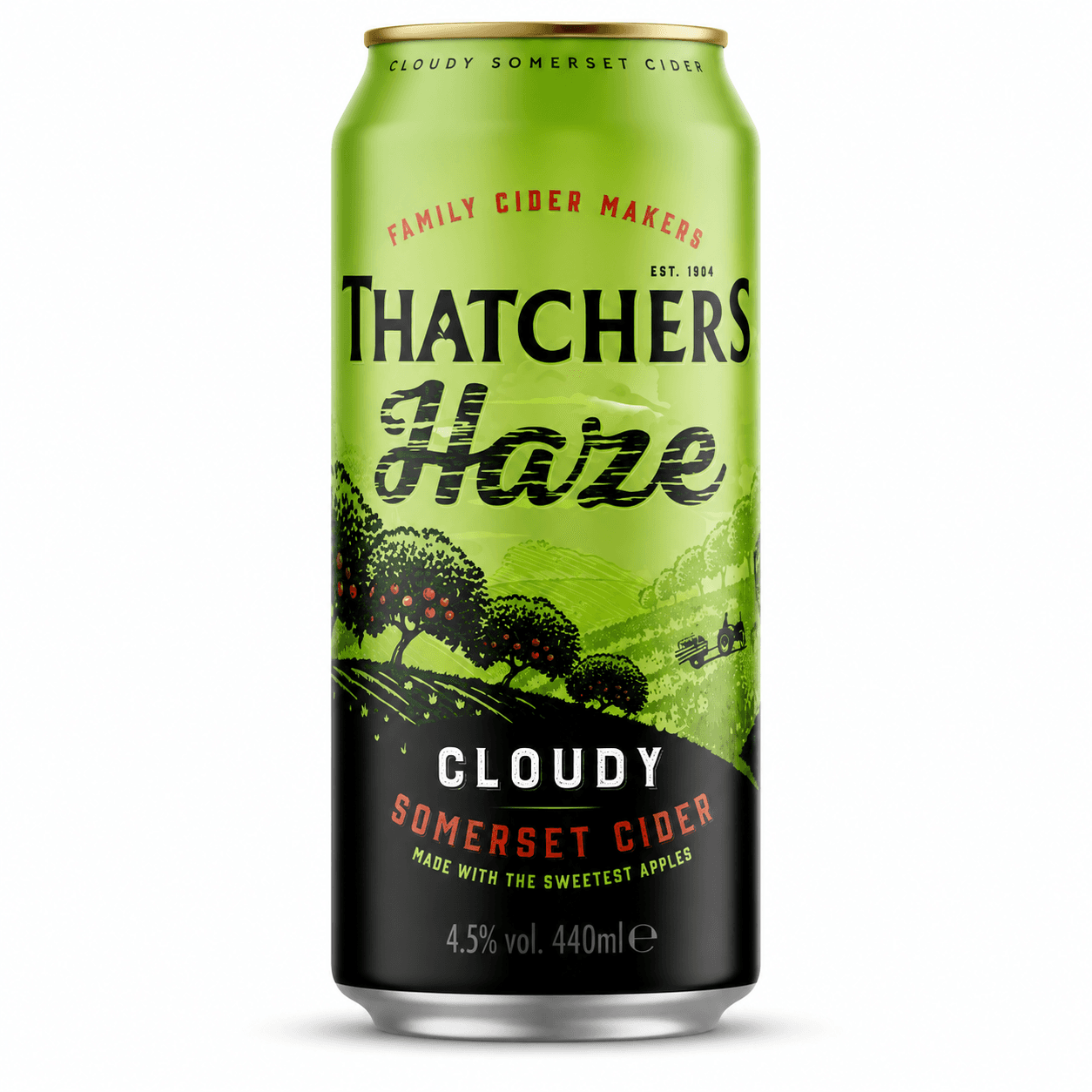 A bright green and black aluminium can of Thatchers Cloudy Haze Somerset Cider, 4.5% vol, 440ml, featuring an illustrated orchard landscape design on the label.