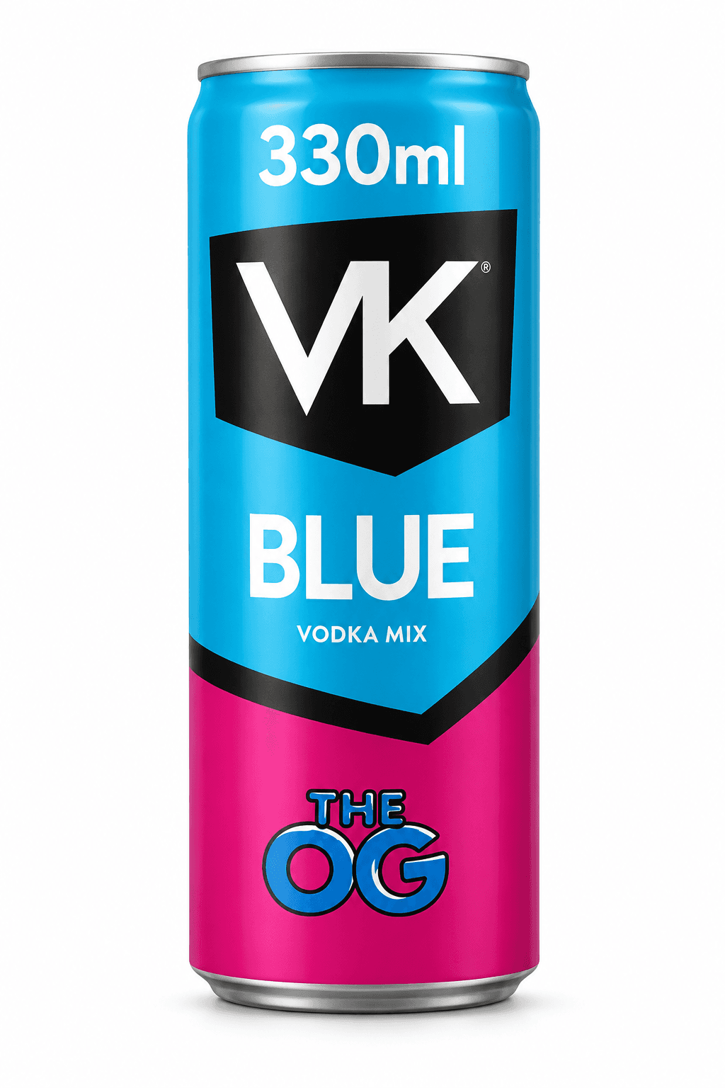 A 330ml can of VK Blue vodka mix drink featuring a bright blue upper section with the VK logo and a vibrant pink lower section labelled 'The OG', displayed against a white background.