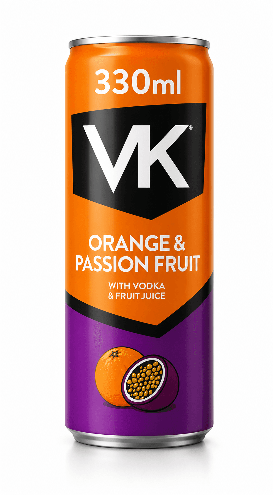 A 330ml can of VK orange and passion fruit flavoured vodka-based ready-to-drink cocktail featuring orange and purple branding with fruit imagery